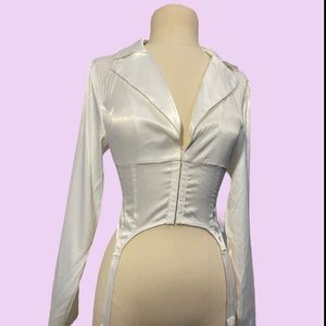 FORMAL WHITE SATIN LONG SLEEVE BLOUSE SIZE SMALL